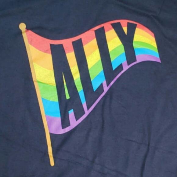 NEARLY THERE NAVY BLUE ALLY RAINBOW PRIDE FLAG BANNER T-SHIRT SIZE SMALL NWOT - Picture 2 of 4